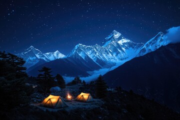Starry night camping amidst majestic snow-capped mountains