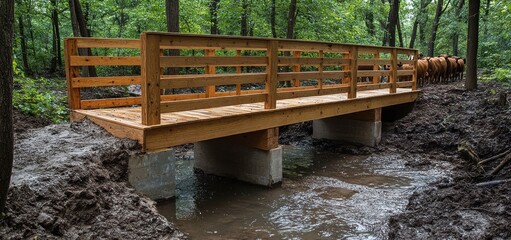Wooden Bridge Over Creek in Wooded Area