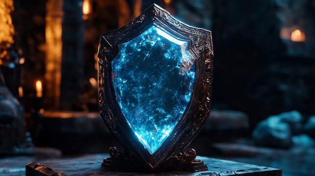 Glowing Blue Crystal Shield: Dark Fantasy Art