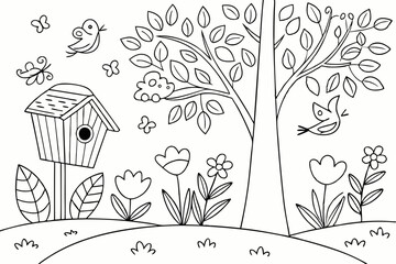 coloring page for kids, spring garden with flowers, trees, a birdhouse and many nature shapes to color
