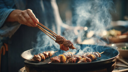 Fototapeta premium Grilled meat skewers cooking on a barbecue grill for a delicious and smoky outdoor summer meal idea 