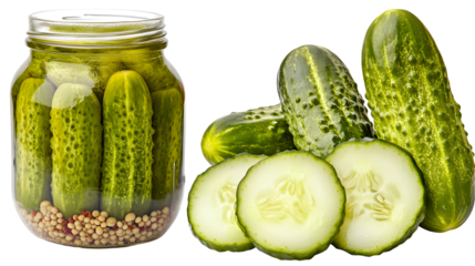 Homemade dill pickles in a jar with whole and sliced pickles against black backdrop