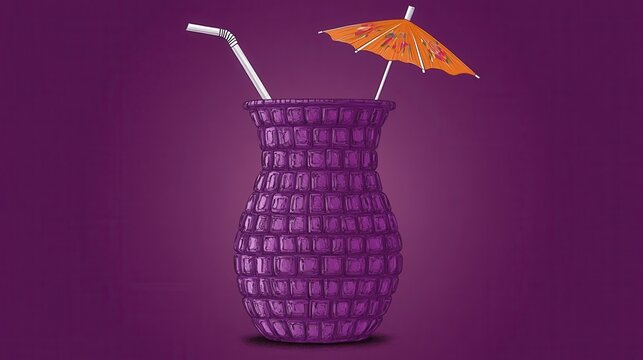 Exotic purple cocktail glass with straw and paper umbrella tropi
