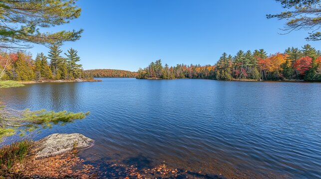 Serene lake reflecting colorful autumn foliage and misty mountains in Adirondacks, New York. Peaceful nature scene with vibrant fall trees mirrored in calm water under clear blue sky. - Powered by Adobe