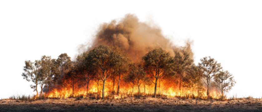 Forest fire with smoke and burning trees.