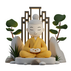 3D render of serene cartoon monk in yellow robes meditating amidst stylized rocks and plants on a transparent background. Peaceful and minimalist digital art.