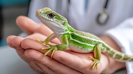 Fototapeta premium A kind veterinarian carefully holds a vibrant green lizard in their hands while wea a white coat and stethoscope around their neck in a medical setting.