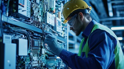Fototapeta premium A male engineer wearing a yellow hard hat and safety glasses, working on a complex electronic circuit board in a high-tech manufacturing facility.