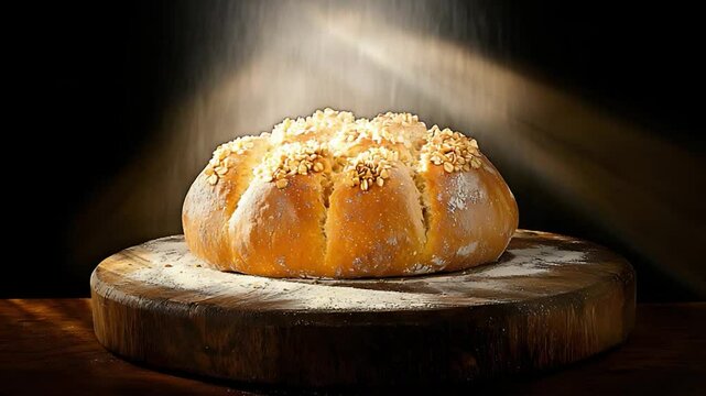 Freshly Baked Bread on Wooden Board Surrounded by Flour and Light Rays in Dark Background