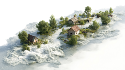 Flooded landscape with submerged houses and trees.