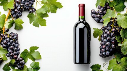 Elegant Bottle of Red Wine Surrounded by Juicy Ripe Grapes and Lush Vine Leaves on a Clean White Background - Top View with Ample Copy Space