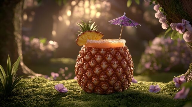 Exotic pineapple cocktail in a lush garden setting with ambient 