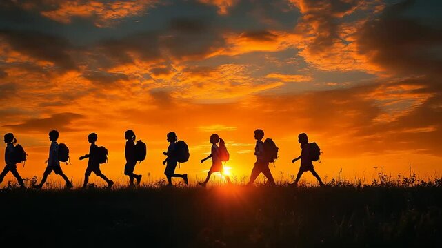 Silhouette of children walking to school at sunset