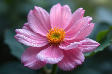 Obraz premium Radiant Pink Anemone Bloom Delicate Petals Golden Center and Morning Dew Kissed in the Light of