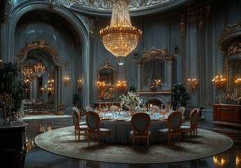 Elegant dining room with chandelier and lavish decor exuding opulence and sophistication for luxurious events and gatherings