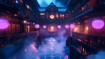 Obraz premium Cyber Sento Street with Lanterns and Steam in Futuristic Japan