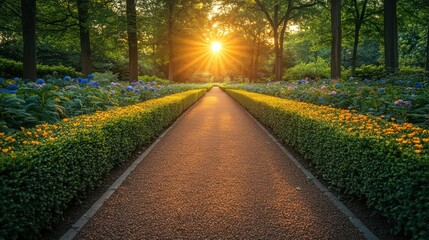 Obraz premium Sunlit Pathway Through a Blossomed Garden
