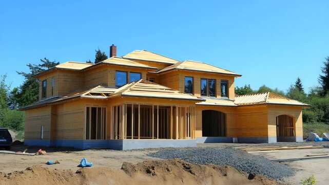  Tilt-Up On House Under Construction, Wood Framing And Scaffolding