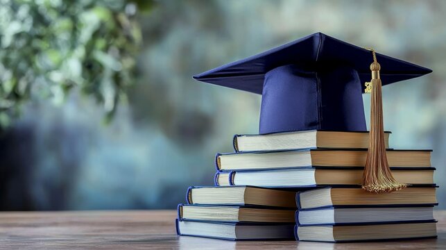 Graduation Cap Resting on a Stack of Textbooks - Symbolizing Education, Learning and Achievement with Blank Space for Your Message - AI-Generated Image