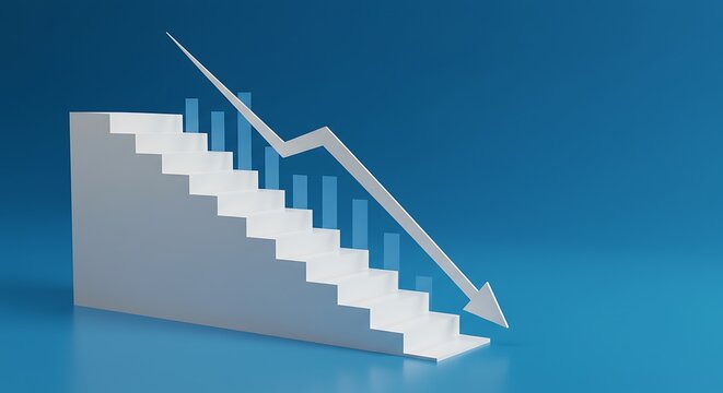 Down arrow on white geometric stairway, decrease business graph down step, finance diagram on red background. Financial crisis, bankruptcy, loss investment economic recession sales risk concepts.