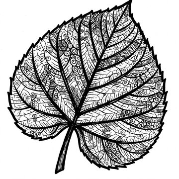 black and white detailed zentangle leaf design illustration  for coloring pages and adult coloring books