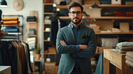 Fototapeta premium A man in a suit standing in a clothing store with his arms crossed.