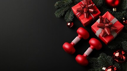 Holiday Fitness Flat Lay Christmas-Themed Sports Gifts with Two Red Dumbbells on Elegant Black Background - Perfect for Seasonal Greetings and Winter Sales