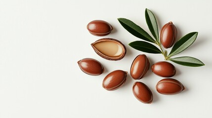 Isolated Argan Seeds on Clean White Background Argan Oil Nuts with Green Plant Accents Natural Oils for Cosmetics