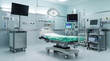 Brightly lit operating room featu an adjustable bed, various monito devices, and surgical equipment ensures a sterile environment for procedures.