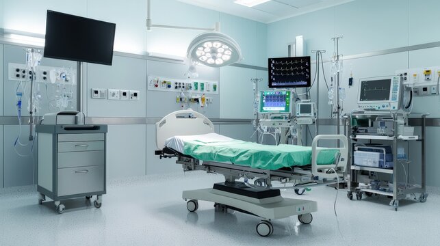 Brightly lit operating room featu an adjustable bed, various monito devices, and surgical equipment ensures a sterile environment for procedures.