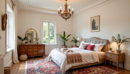 Elegant and Cozy Bedroom with Natural Light, Stylish Decor, and Classic Furniture in Bright Atmosphere