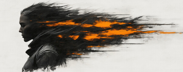 A woman's head with orange streaks behind it. The image is a representation of a woman's hair, with the orange streaks representing the wind. Scene is dynamic and energetic