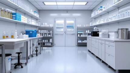 An extremely clean and well stocked laboratory with white shelves, containers, equipment, and surfaces awaits scientific research and experimentation in a sterile space.