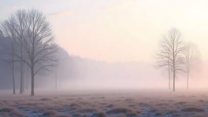 Misty Morning Landscape with Bare Trees and Pastel Fog , Tranquil Nature Scene