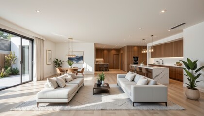 Fototapeta premium Modern Elegant Living Room with Contemporary Furniture and Open Kitchen in Bright Natural Light
