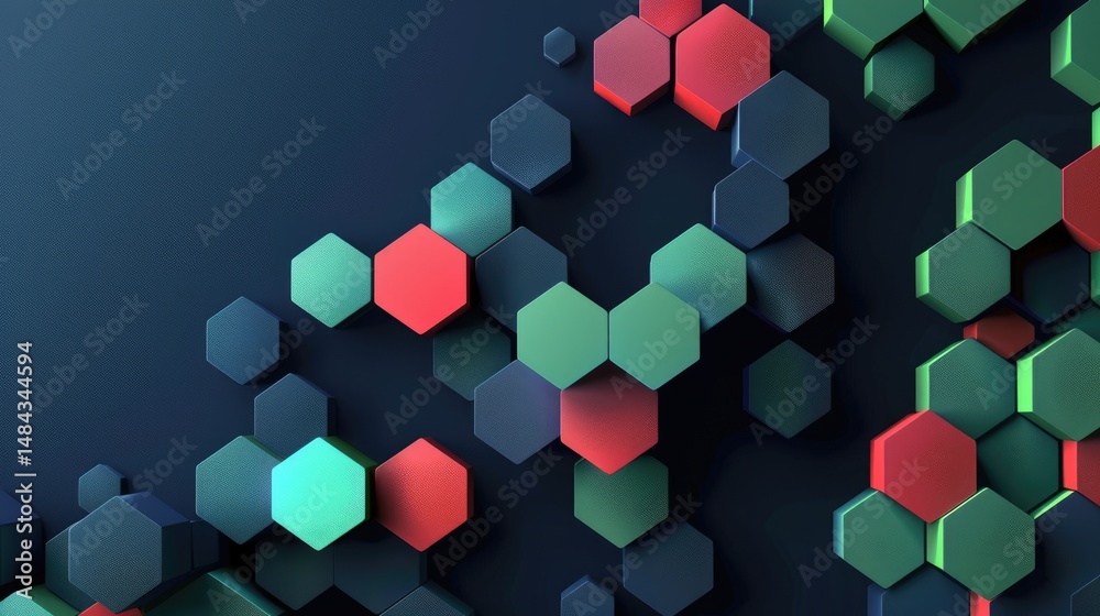 Poster geometric hexagon shapes in green and red on a dark background. 3d abstract design with depth and pe
