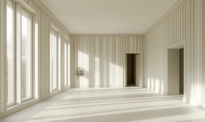 Empty light beige room with large windows
