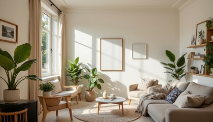 Cozy and Bright Living Room with Green Plants and Neutral Tones in a Modern Home Setting