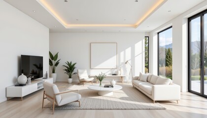 Fototapeta premium Modern minimalist living room interior design with large windows and bright natural light