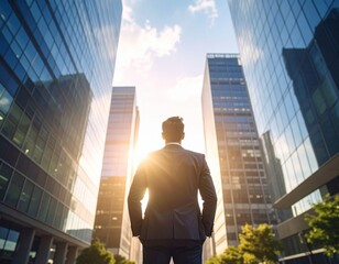 Custom AI Model 높은 빌딩들 사이에서 하늘을 바라보는 직장인 Office worker looking at the sky between tall buildings
