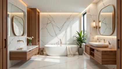 Luxurious Contemporary Bathroom Design with Natural Light, Elegant Fixtures, and Modern Aesthetic