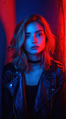 A woman with blonde hair is wearing a black leather jacket and a black necklace. She is standing in front of a red wall