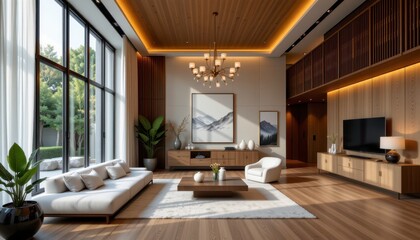 Fototapeta premium Modern Minimalist Living Room with Large Windows and Elegant Furniture in a Bright and Airy Space