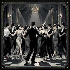 Group of people dressed in 1920s fashion dancing in a conga line in an old movie frame, EPS 8 vector illustration, no transparencies