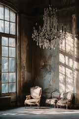 Sunlit decay  Antique chairs & chandelier in a crumbling room