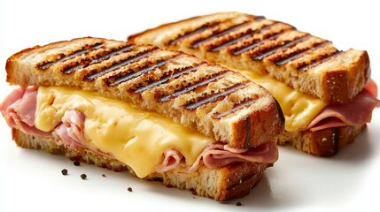 Toasted Panini Melt with Grilled Cheese and Ham Slices - Isolated on White Background