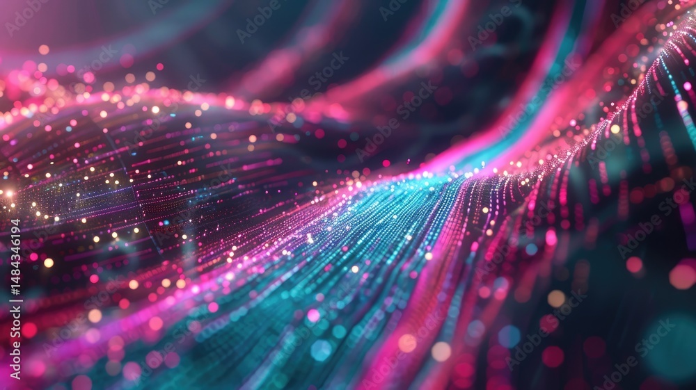 Poster abstract picture micro light sparkling particle represent data flow vivid flowing wave with high tec