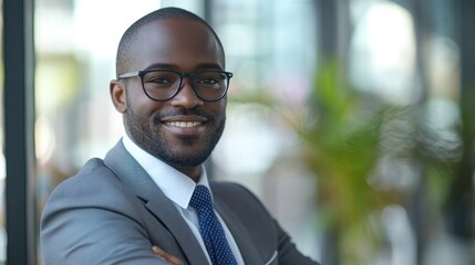 Fototapeta premium A confident businessman in a suit and tie, standing in an office with his arms crossed, smiling warmly.