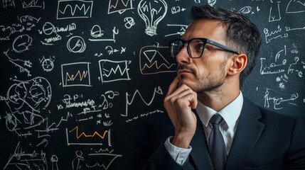 A man in a suit standing in front of a chalkboard with business-related diagrams and graphs.
