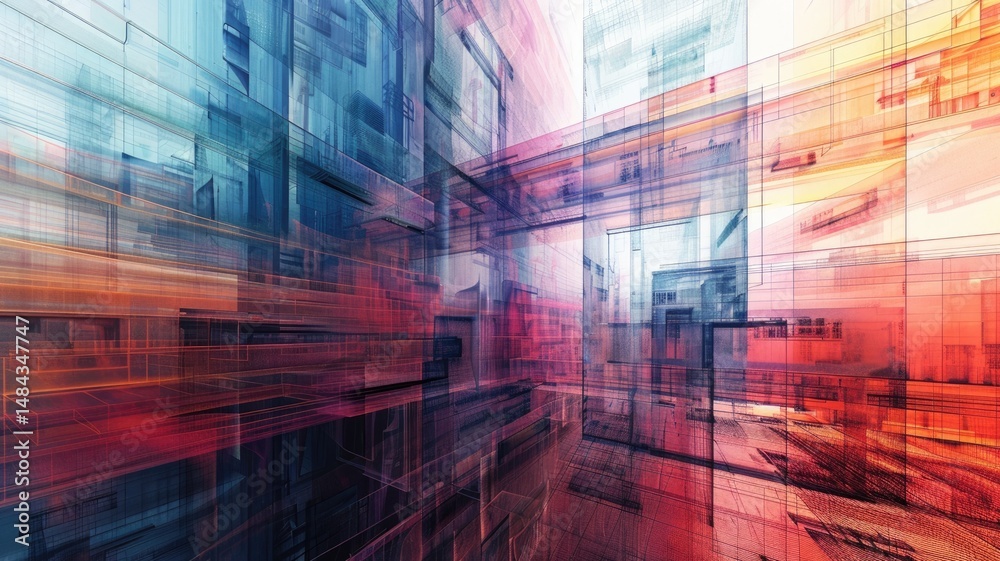 Poster mysterious structure in abstract science fiction style. colorful color line shading express weird sh
